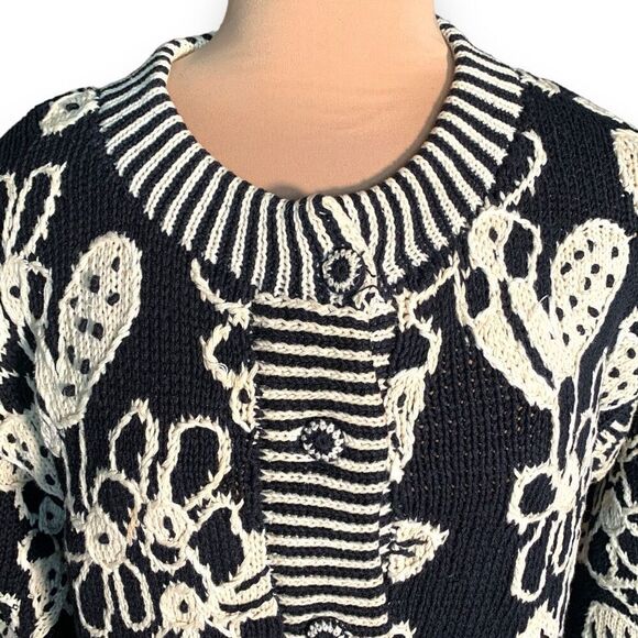 Vintage 90s Cardigan Sweater Round Neck Cropped Knit Black Dark Floral Oversized - Picture 2 of 12